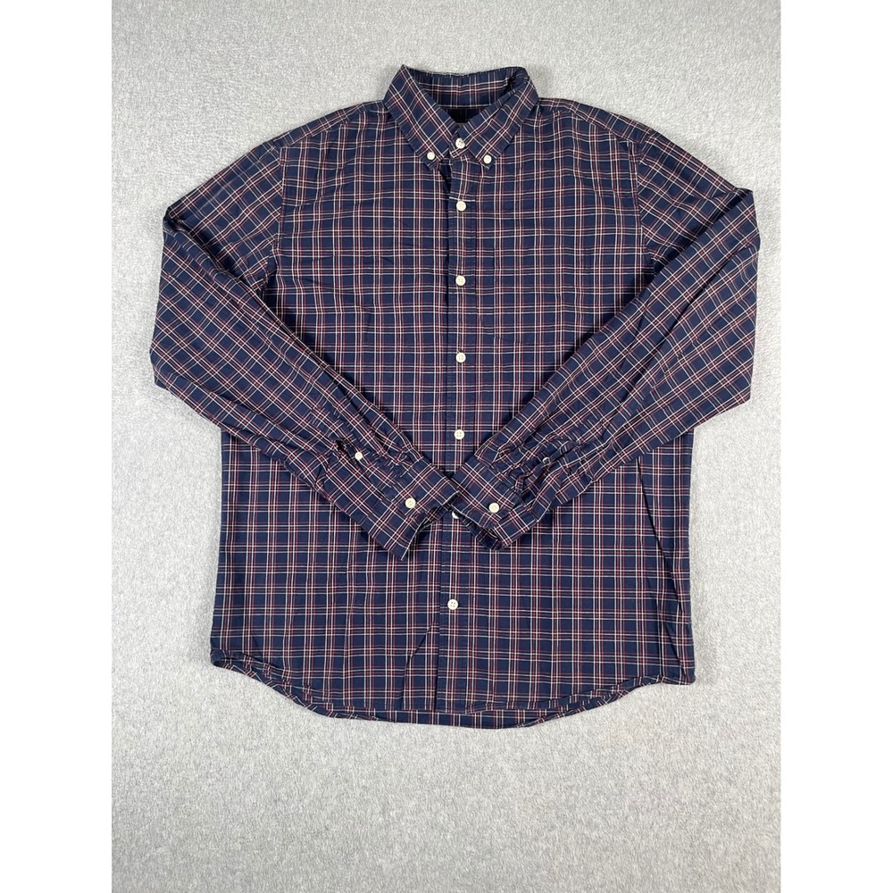 Gap Mens Standard Fit Plaid Button Down Shirt Navy Red White Medium Long Sleeve